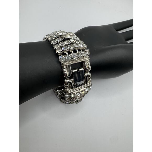Rhodes Vintage Wide Rhinestone Bracelet 1950s Bride Era Chunky Hollywood Regency - Picture 3 of 16
